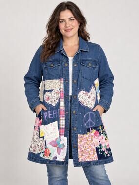 Jessica London Women’s L Upcycled Denim Jacket Peace Patched Boho OOAK